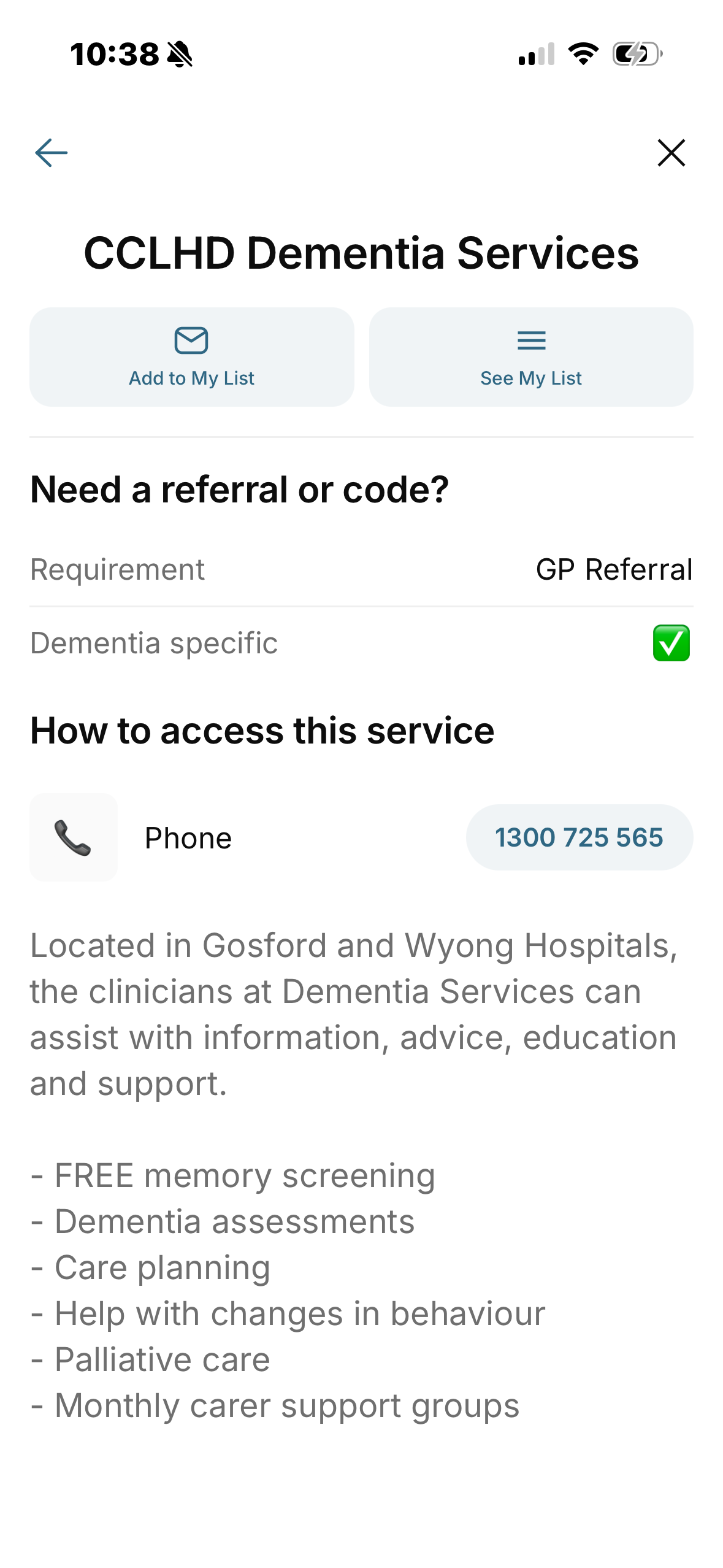 CCLHD Dementia Services contact details displayed inside CCDA.app